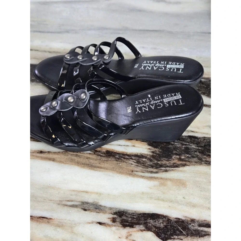 Tuscany by Easy Street Black Patent Wedge Sandals Made in‎ Italy Studded 7M